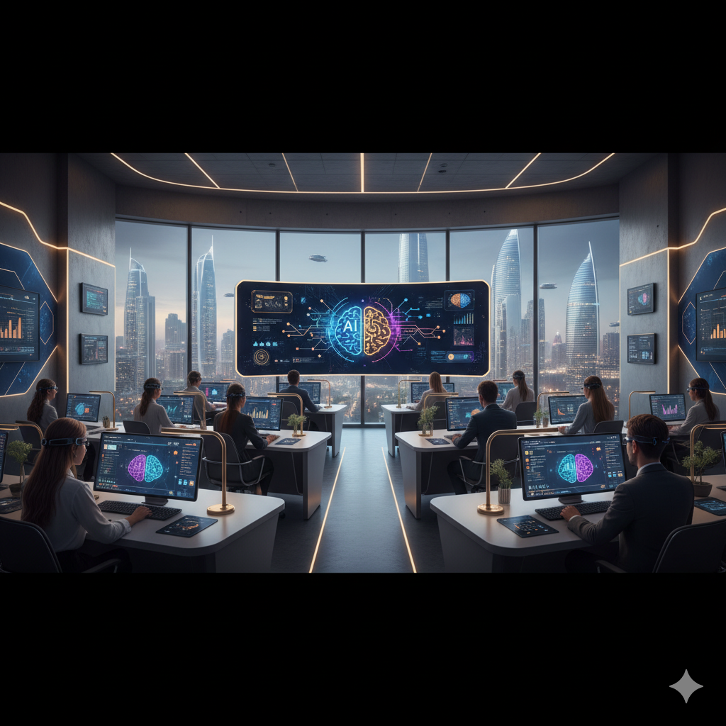 Futuristic creative studio with AI-powered digital screens in blue and gold lighting.