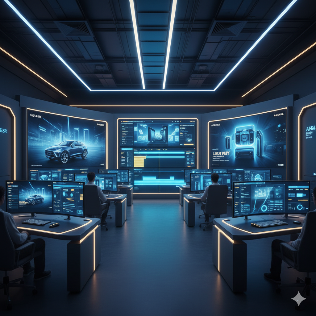 Futuristic creative studio with AI-powered digital screens in blue and gold lighting