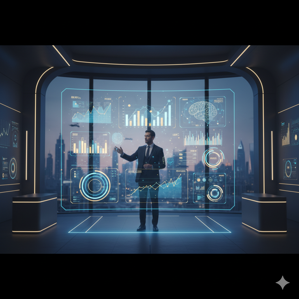 Business strategist analyzing AI-powered marketing dashboard in Dubai office.