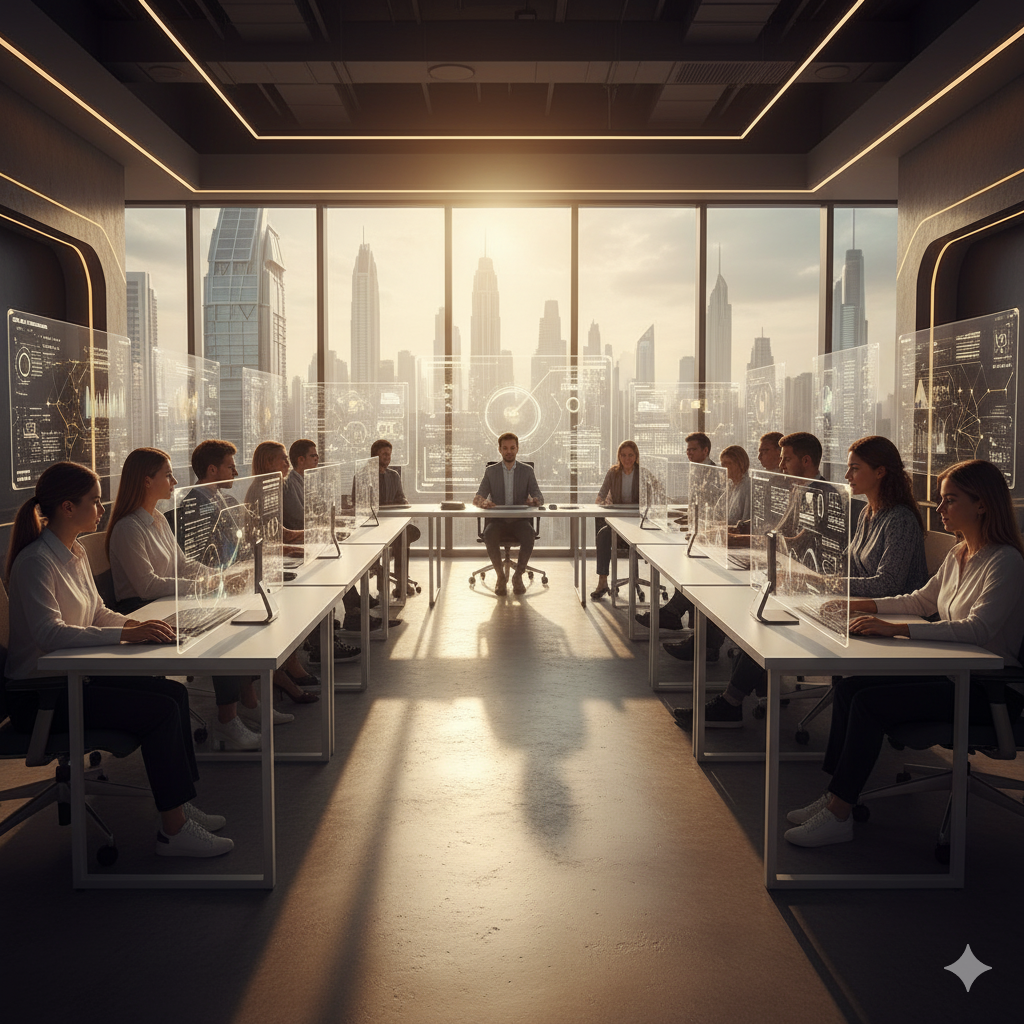 Professionals learning AI marketing in a modern Dubai training center.