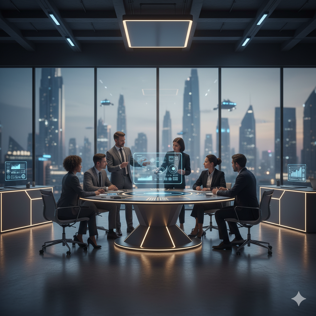 Marketing team collaborating in a modern Dubai office with soft blue and gold lighting.